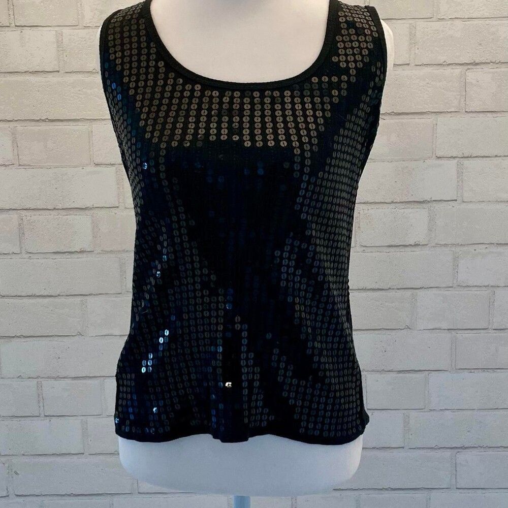 VNTG Black cotton crew neck tank with sequin fron S EUC
